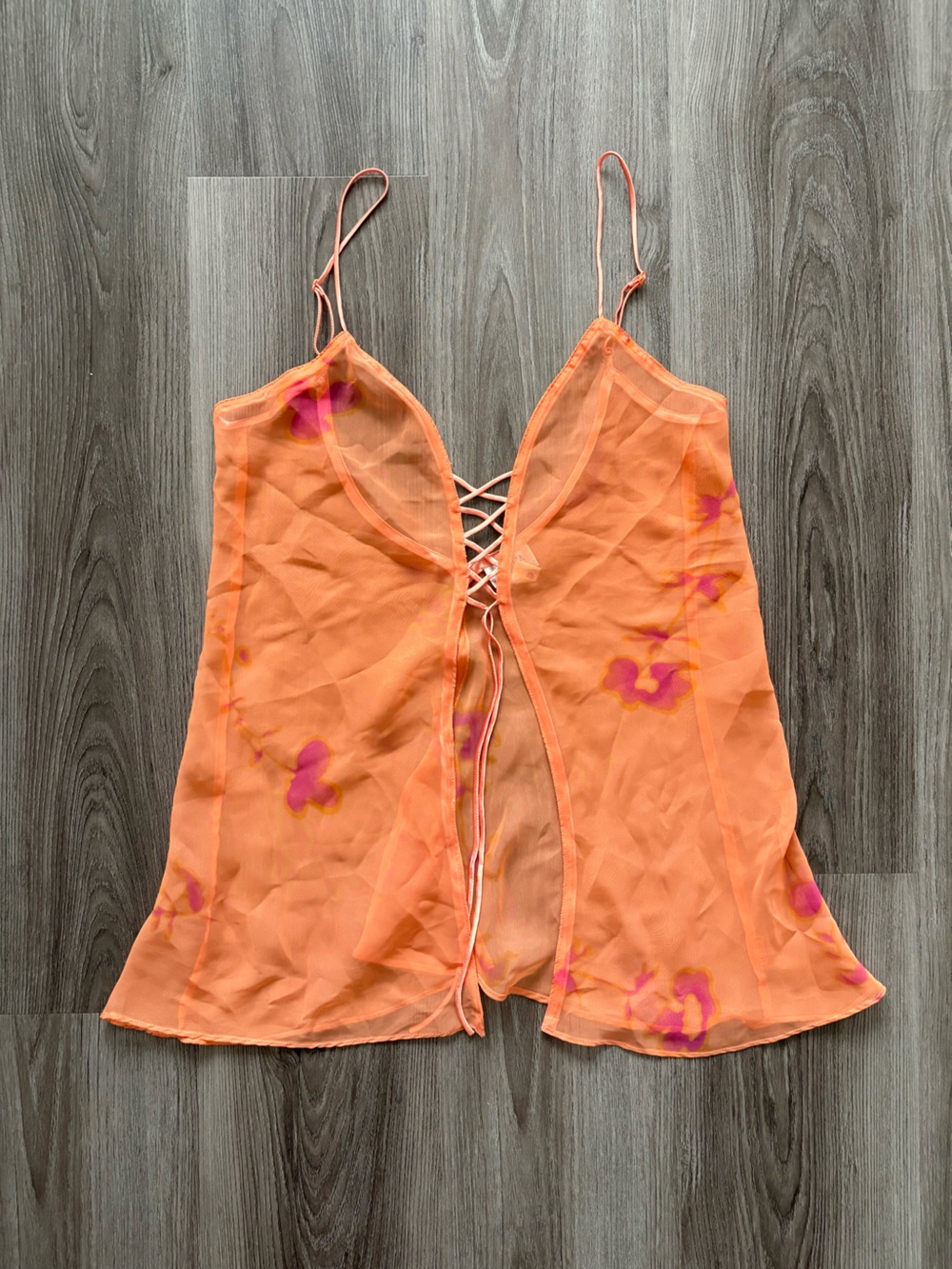 Y2K La SENZA Sheer Orange Chemise with Pink Floral Accents